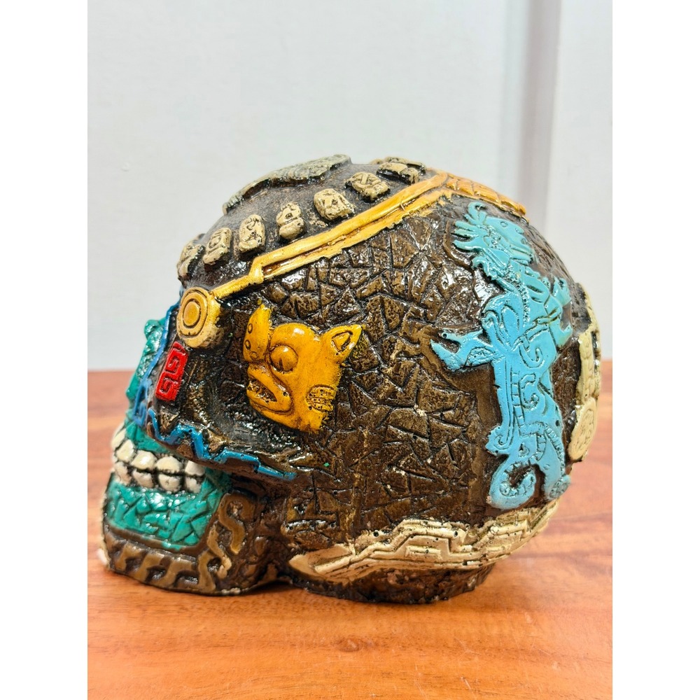 Aztec Mayan Skull Resin Sculpture Calavera Folk Art Day of the Dead Turquoise - Picture 5 of 14